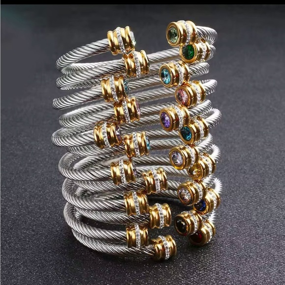 Stainless steel 12 month Birthstone Expandable Wire Cable Bangle bracelet - Picture 1 of 12